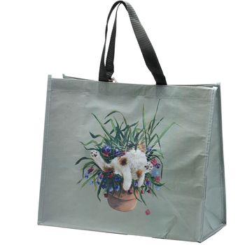 Recycled RPET Reusable Shopping Bag - Kim Haskins Floral Cat in Fern Green