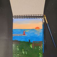 Cat overlooking the sunset at sea - mini acrylic painting original